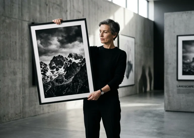 European photographer holding a dramatic black and white print in a gallery setting
