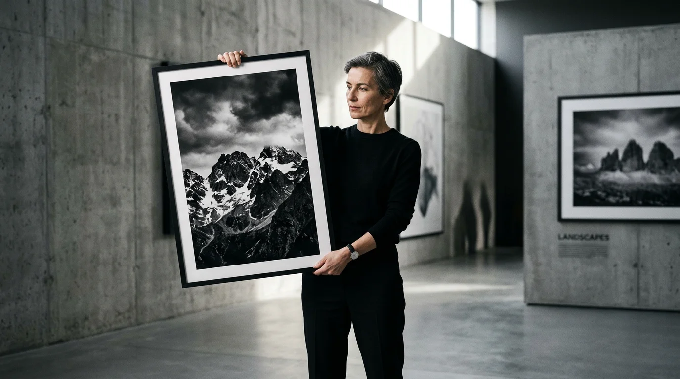 European photographer holding a dramatic black and white print in a gallery setting