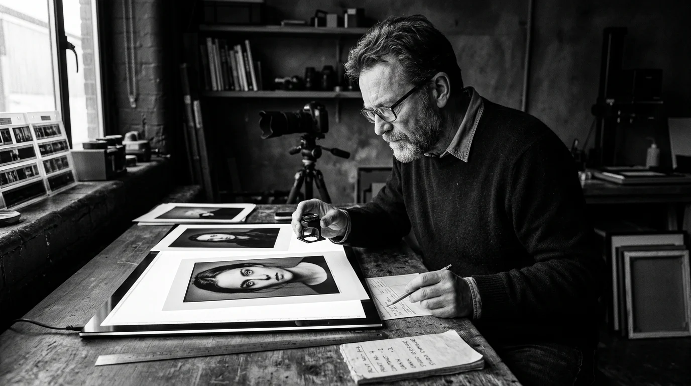 Photographer examining a high contrast black and white print on a studio light table