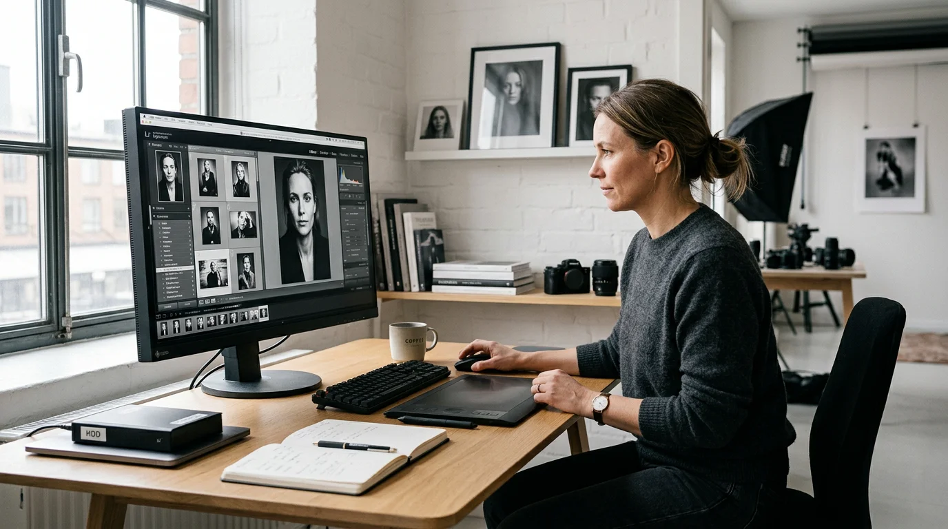 Photographer curating black and white images on a monitor before submitting to a competition