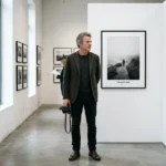 European photographer viewing framed prints in an exhibition space