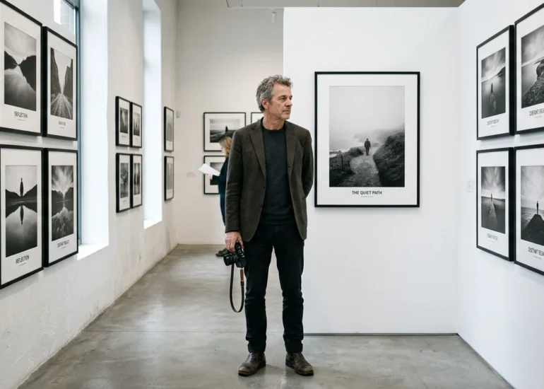 European photographer viewing framed prints in an exhibition space
