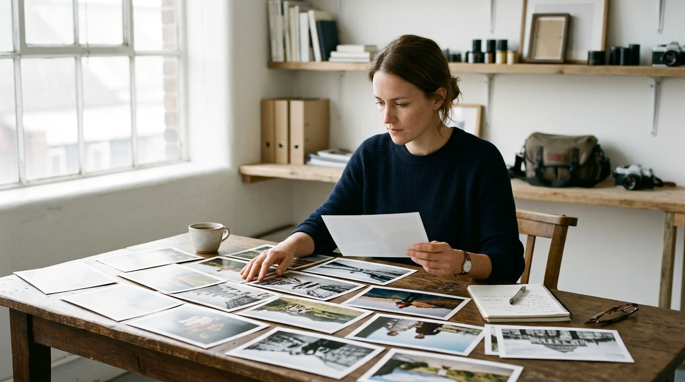 European photographer selecting images for a competition submission on a studio table