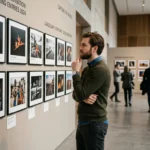 Photographer viewing framed images in a competition exhibition gallery