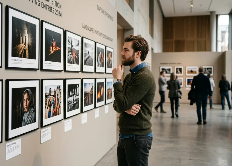 Photographer viewing framed images in a competition exhibition gallery