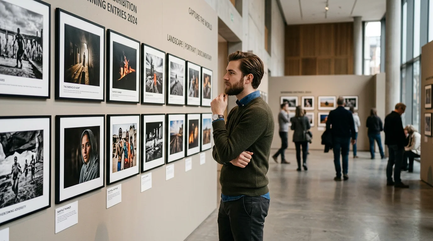 Photographer viewing framed images in a competition exhibition gallery