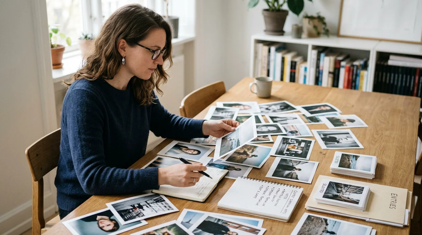 Photographer selecting printed images for a competition submission