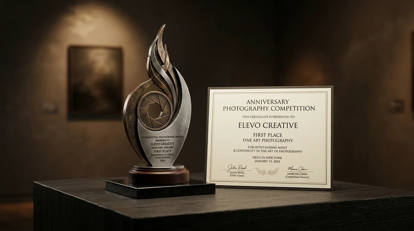 Photography award trophy and certificate on a gallery table