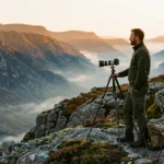 European photographer overlooking a misty mountain valley at golden hour