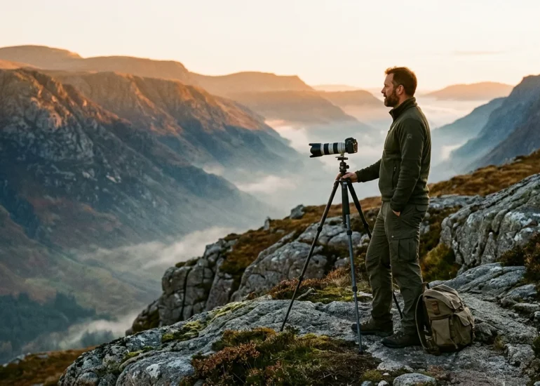 European photographer overlooking a misty mountain valley at golden hour