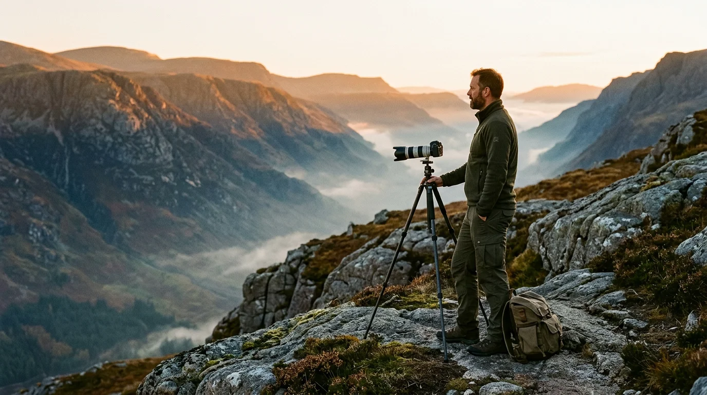 European photographer overlooking a misty mountain valley at golden hour