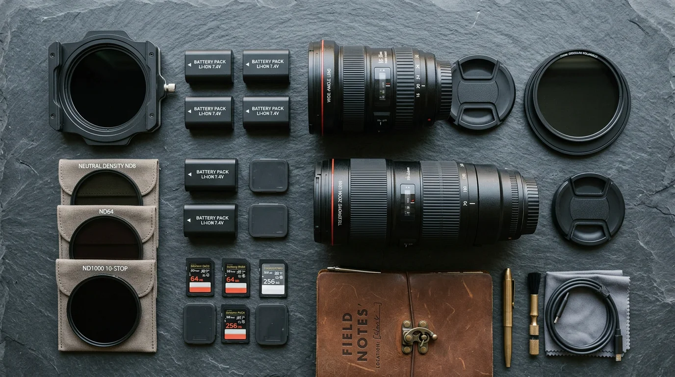 Flat lay of landscape photography gear including lenses, filters and batteries