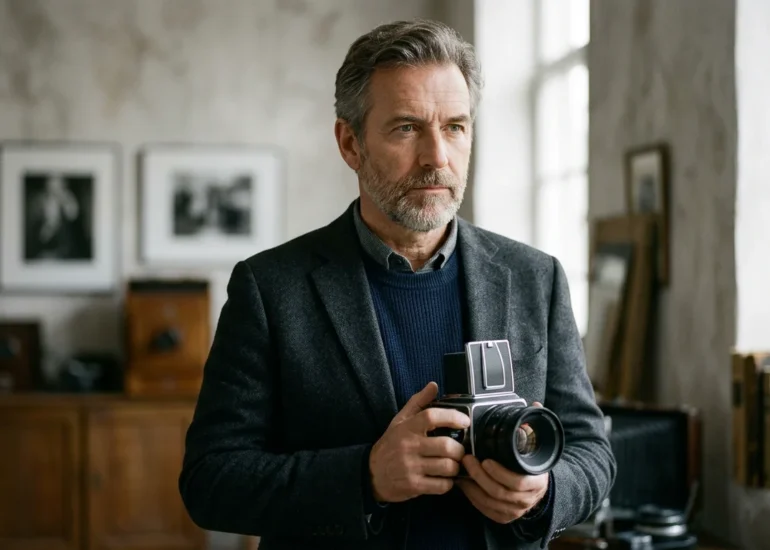 European photographer holding a medium-format camera in a studio