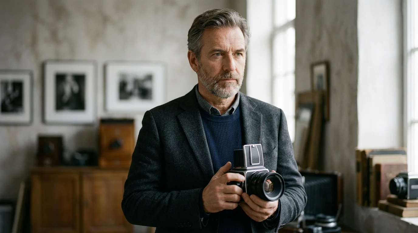 European photographer holding a medium-format camera in a studio
