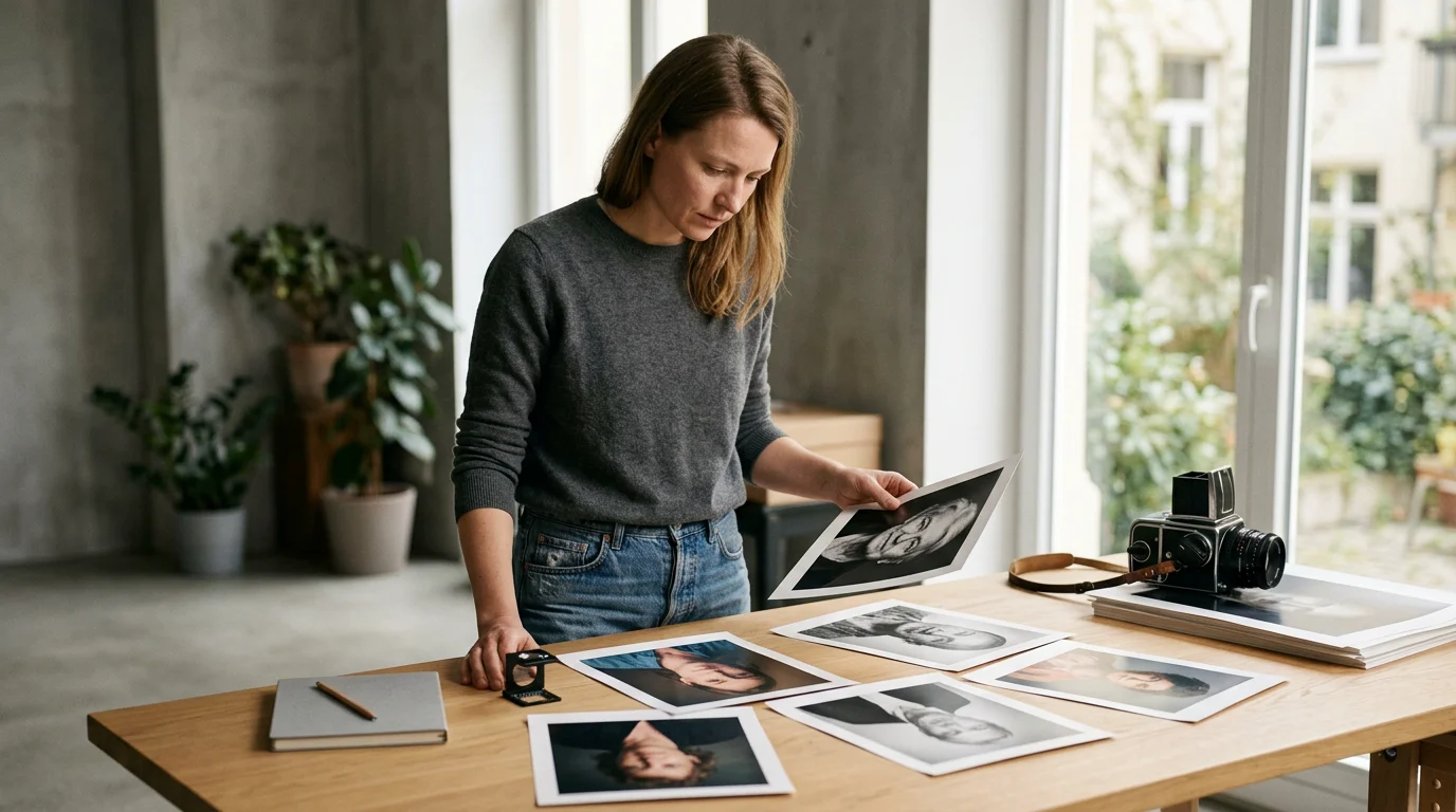 Photographer reviewing portrait prints in a bright studio