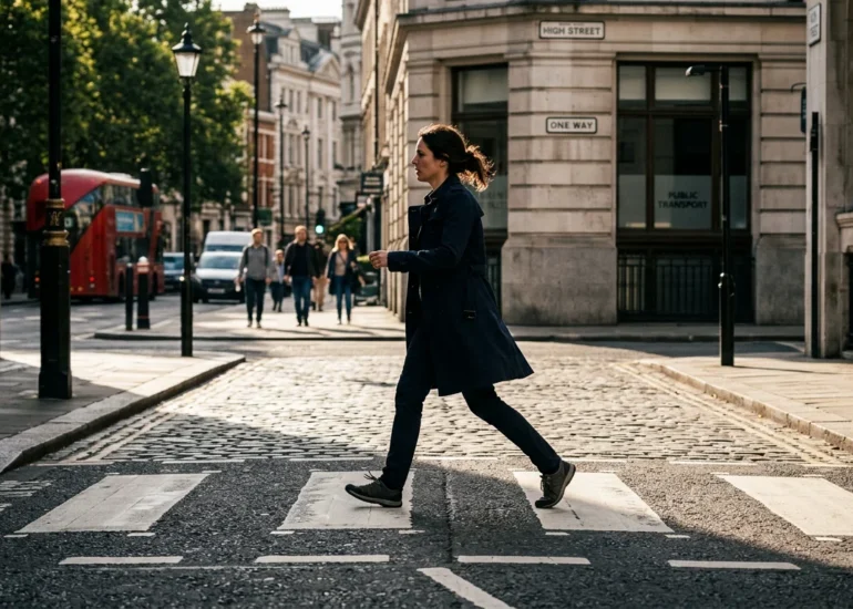 Candid street photograph of a pedestrian crossing a sunlit city street