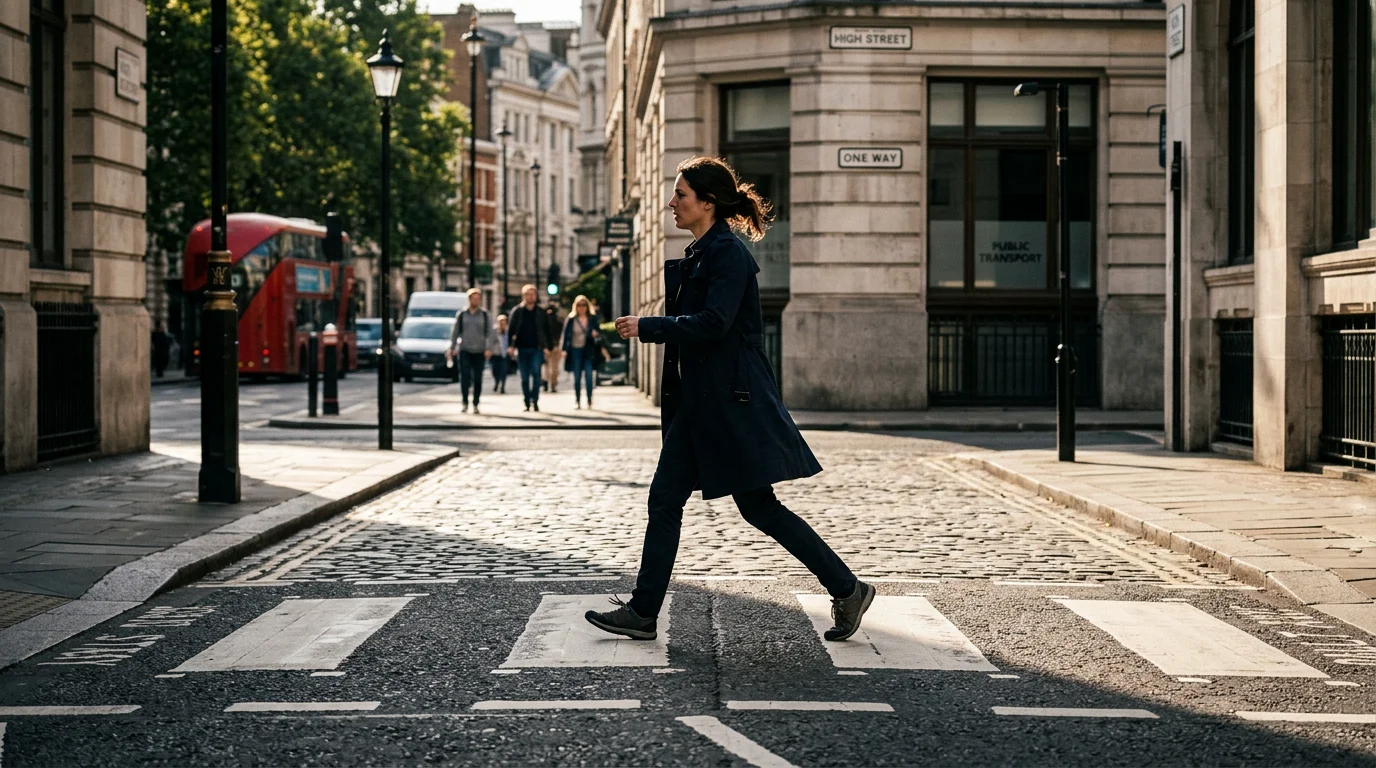 Candid street photograph of a pedestrian crossing a sunlit city street