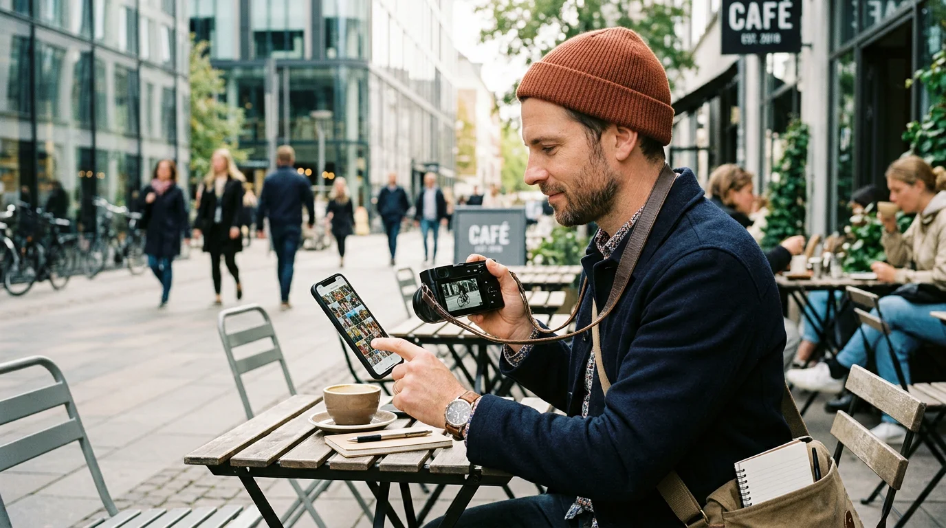 Street photographer reviewing candid images on a camera and smartphone in a city