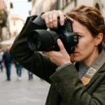 European photographer composing a tightly framed image with a camera