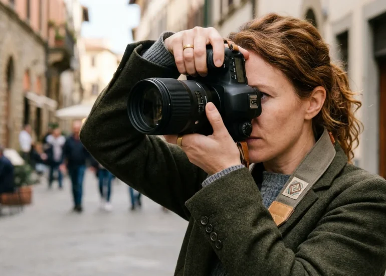 European photographer composing a tightly framed image with a camera