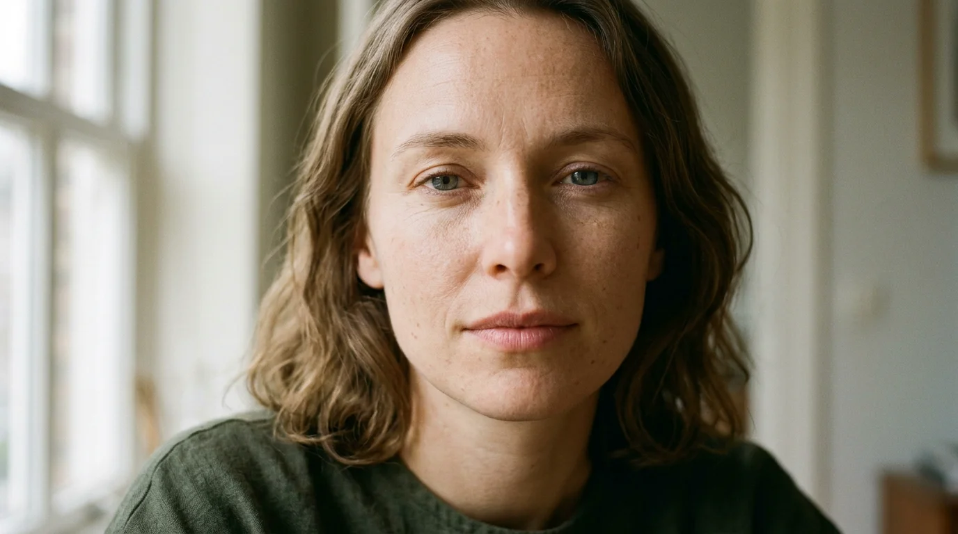 Close-up portrait of a European woman filling the entire frame