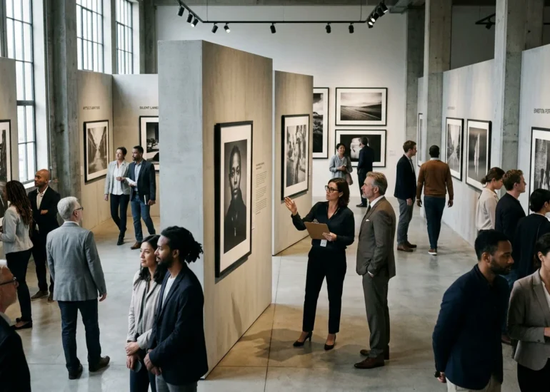 A photography exhibition with visitors evaluating framed prints under natural light