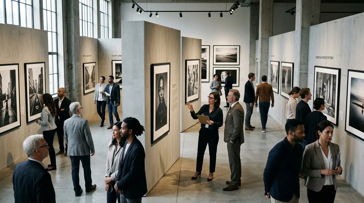 A photography exhibition with visitors evaluating framed prints under natural light