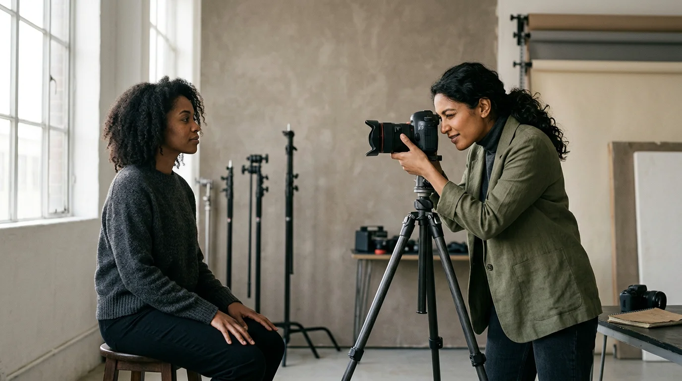 A photographer composing a portrait during a naturally lit studio session