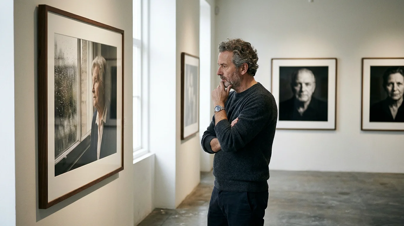 European photographer studying a printed portrait on a gallery wall