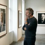 European photographer standing in a gallery of framed award-winning photographs