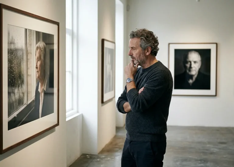 European photographer standing in a gallery of framed award-winning photographs