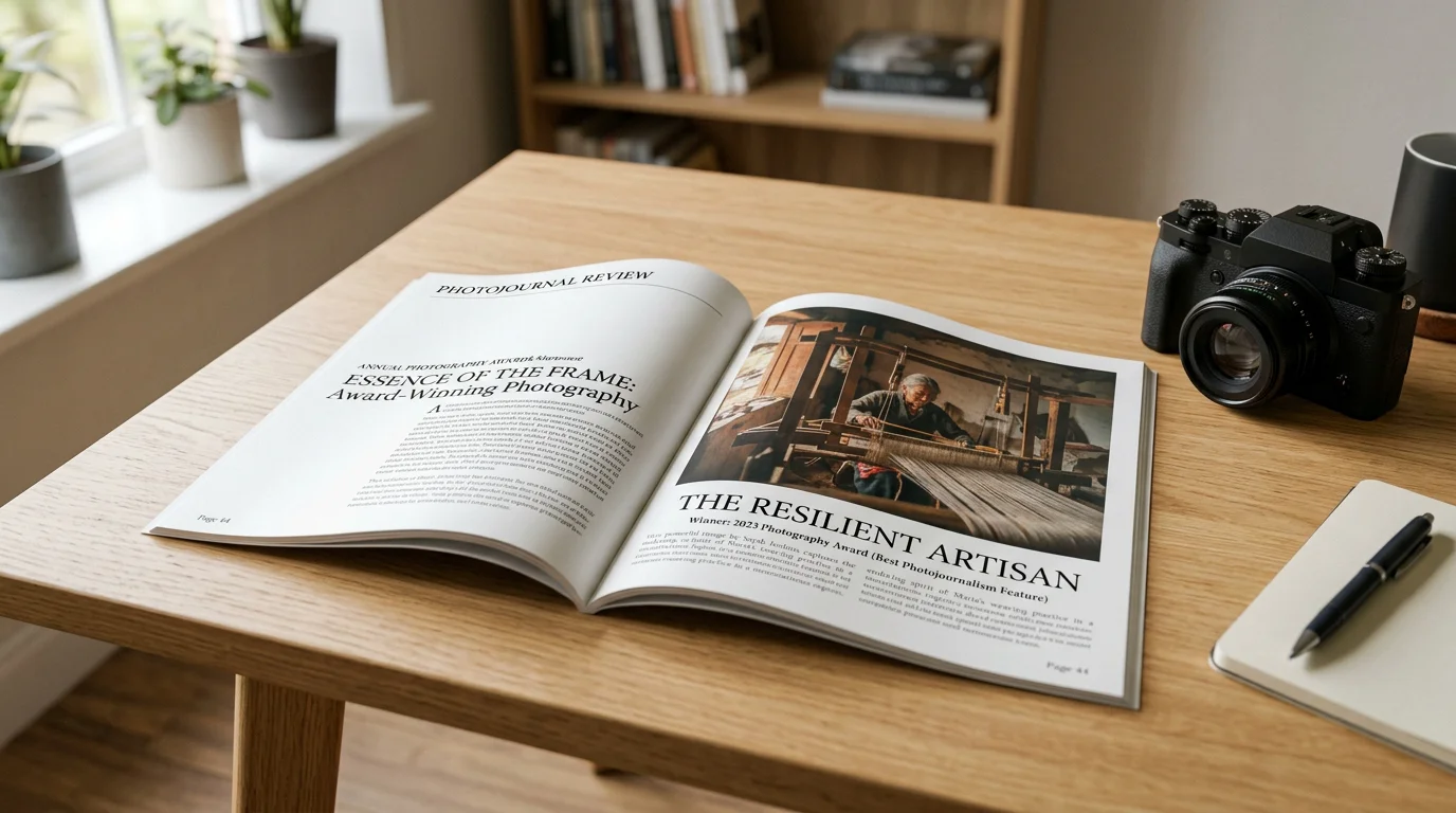 Open photography magazine spread beside a camera on a desk