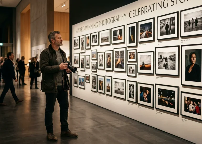 Photographer viewing a wall of framed prints in an exhibition