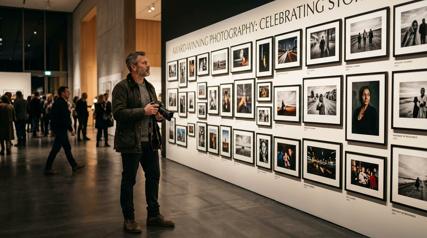 Photographer viewing a wall of framed prints in an exhibition