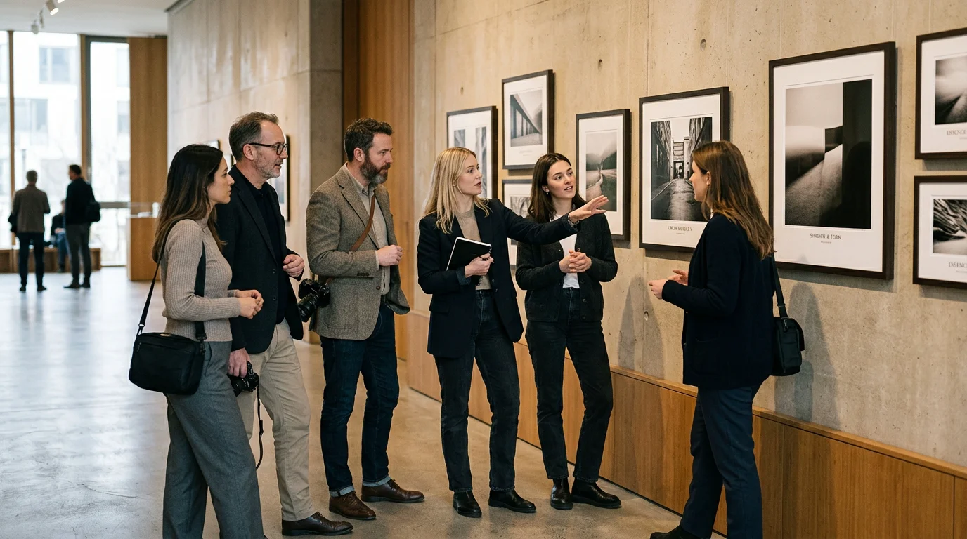 Photographers reviewing framed prints in a bright gallery space