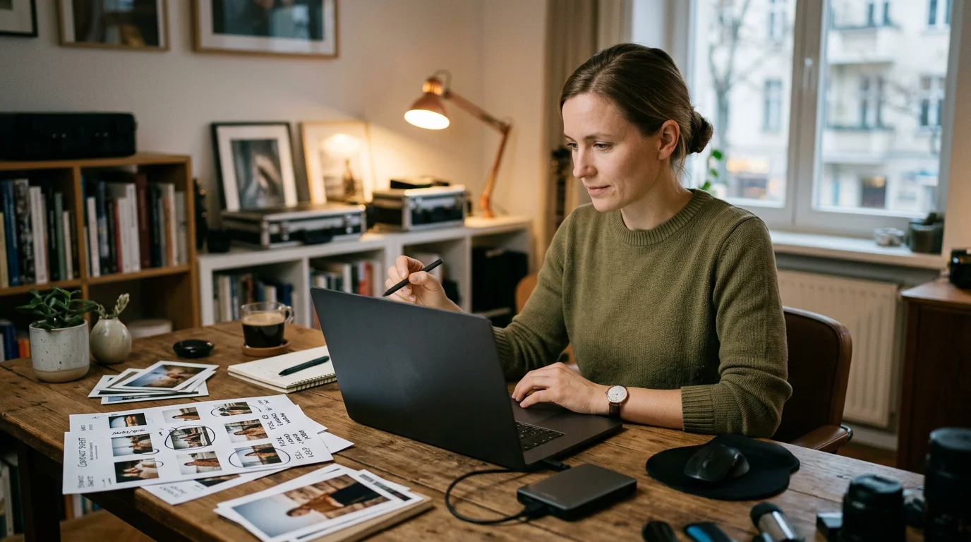 Photographer selecting images on a laptop for a contest submission