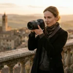 Photographer working on location at golden hour with a professional camera