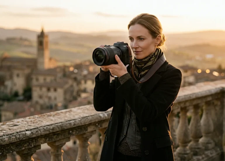 Photographer working on location at golden hour with a professional camera