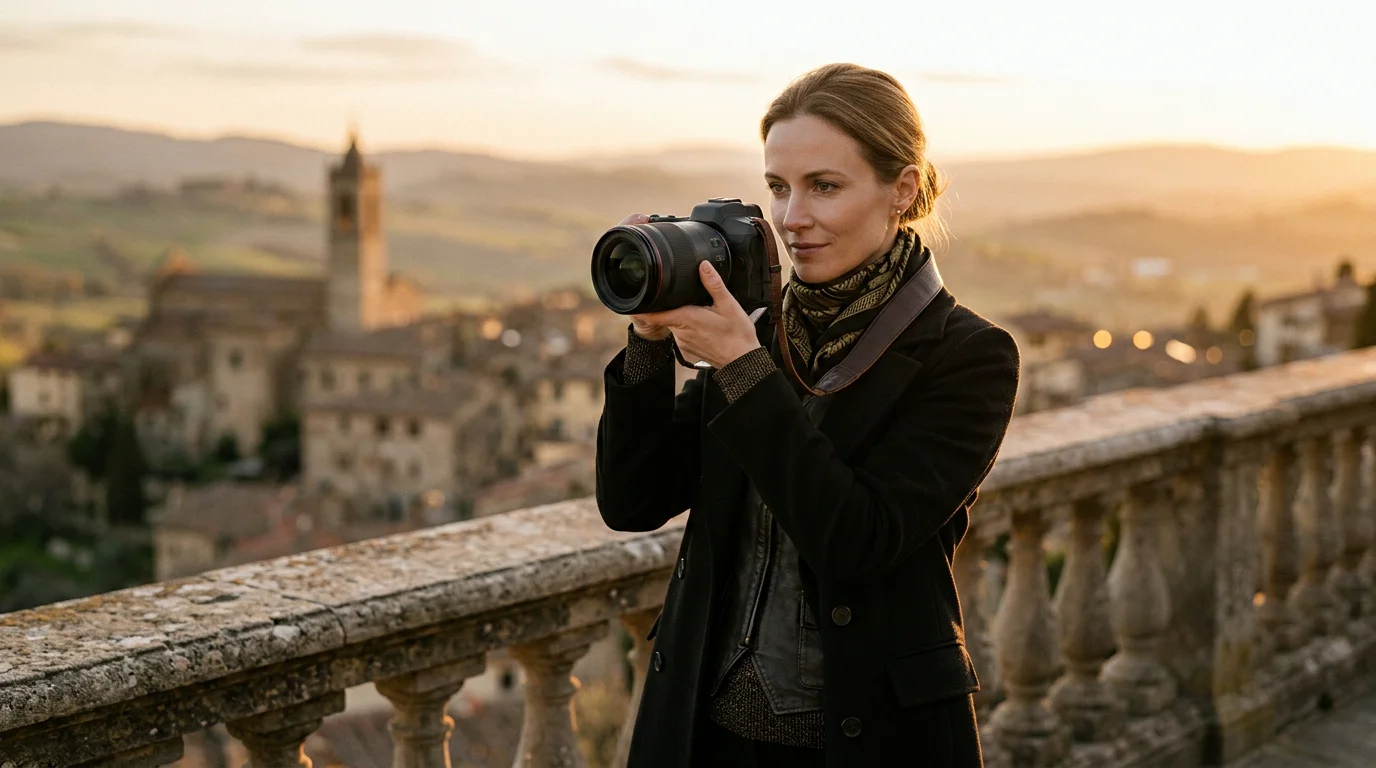 Photographer working on location at golden hour with a professional camera