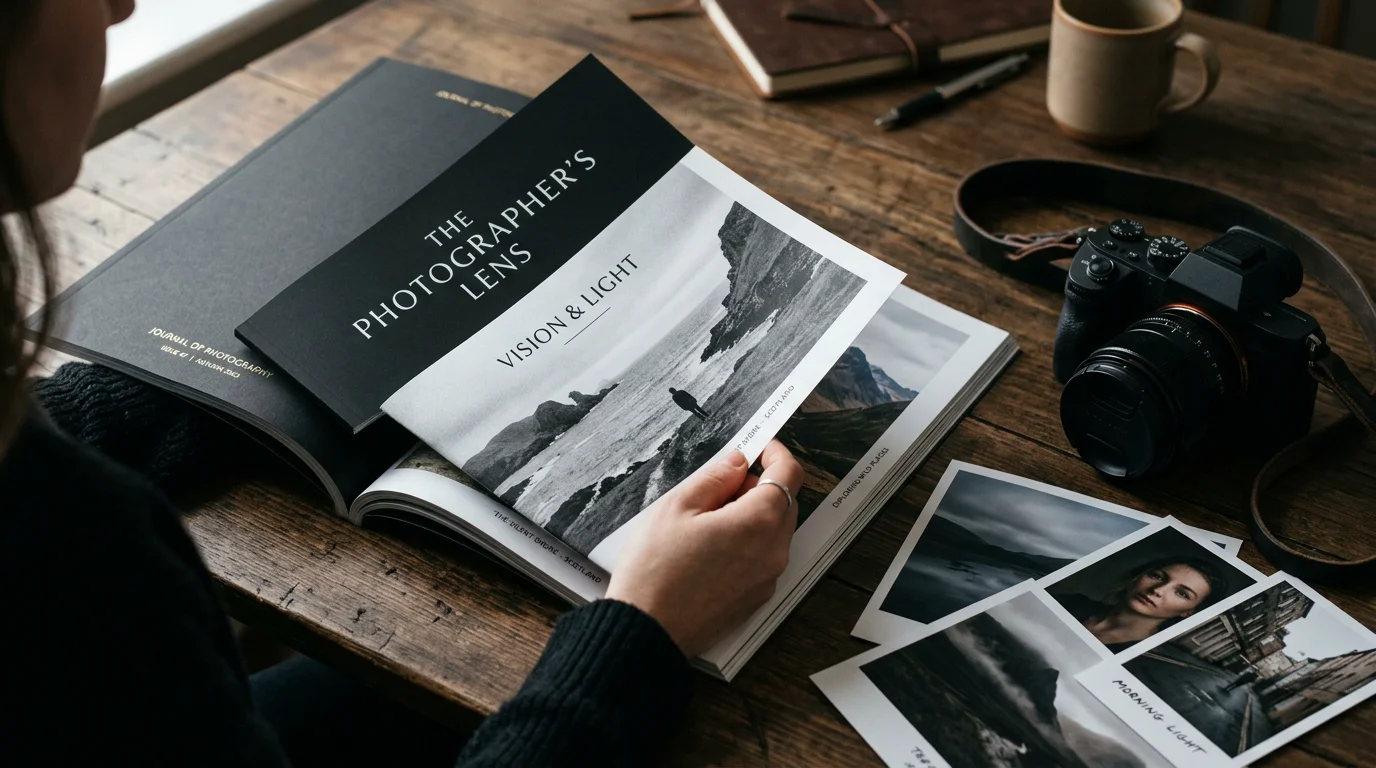 Open printed photography magazine beside a camera and portfolio prints on a studio table