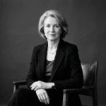 Elegant European subject photographed in soft studio light against a plain backdrop