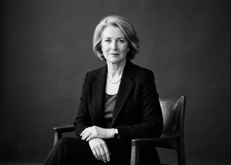 Elegant European subject photographed in soft studio light against a plain backdrop