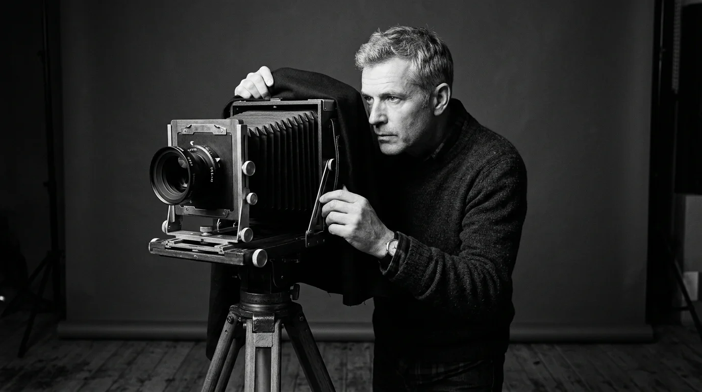 European portrait photographer working with a large format camera under dramatic studio lighting