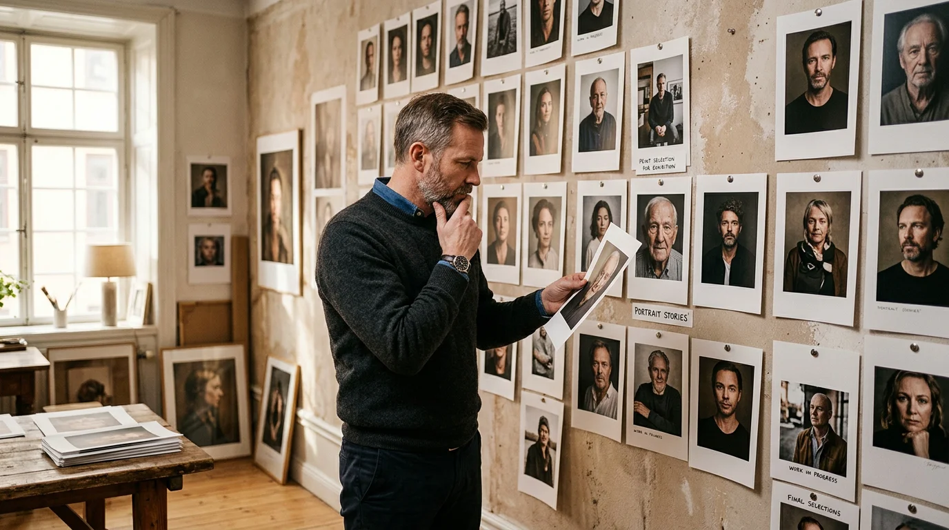 European photographer studying printed portraits displayed on a gallery wall in natural light