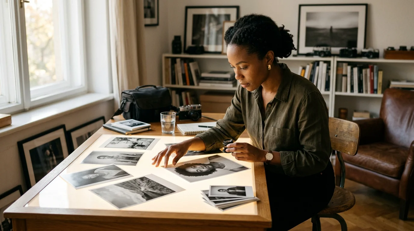 Photographer studying printed images on a light table in a studio