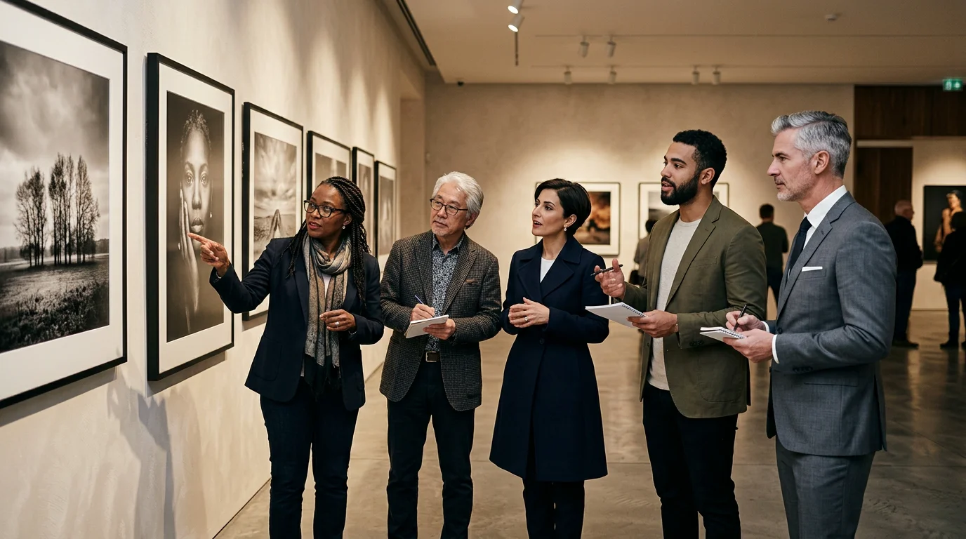 International jury reviewing framed photographs on a gallery wall