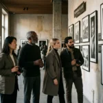 Diverse photographers viewing a gallery exhibition of framed prints
