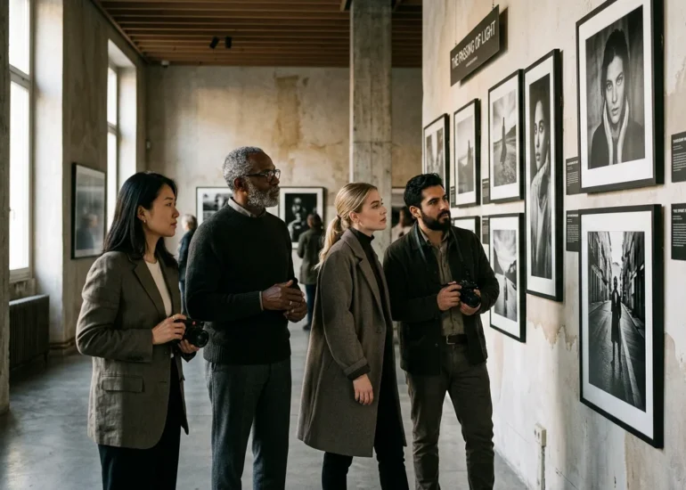 Diverse photographers viewing a gallery exhibition of framed prints