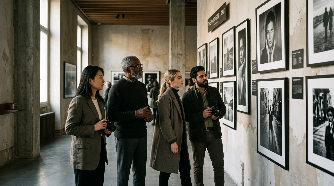 Divers photographes regardant une exposition de tirages encadrés dans une galerie