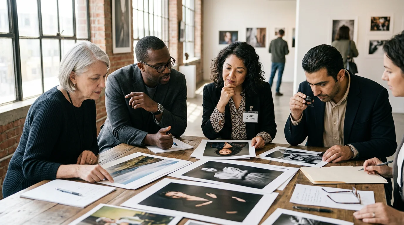 Un jury international examinant les photographies imprimées sur un tableau